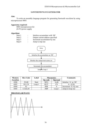 EE0310-Microprocessor & Microcontroller Lab
79
SAWTOOTH WAVE GENERATOR
Aim:
To write an assembly language program for generating Sawtooth waveform by using
microprocessor 8085.
Apparatus required:
8085 microprocessor kit
(0-5V) power supply
Algorithm:
Step 1 : Intialise accumulator with ‘00’
Step 2 : Output current address specified
Step 3 : Increment accumulator by one
Step 4 : Jump to step one
Memory
Location
Hex Code Label Mnemonics Comments
Op code Operand
4500 3E,00 Start MVI A,00 Intialise ‘A’ as ‘00’
4502 D3, C8 Loop 1 OUT C8 A = [C8]
4504 3C INR A Increment ‘A’ by one
4505 C3,02,45 JMP Loop 1 Jump to loop one
TRIANGULAR WAVE
Delay
Intialise the accumulator as ‘00’
Display the output port using cw
Increment the accumulator
Jump to loop 1
 