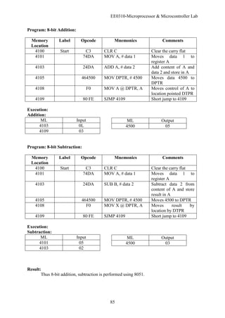 EE0310-Microprocessor & Microcontroller Lab
85
Program: 8-bit Addition:
Memory
Location
Label Opcode Mnemonics Comments
4100 Start C3 CLR C Clear the carry flat
4101 74DA MOV A, # data 1 Moves data 1 to
register A
4103 24DA ADD A, # data 2 Add content of A and
data 2 and store in A
4105 464500 MOV DPTR, # 4500 Moves data 4500 to
DPTR
4108 F0 MOV A @ DPTR, A Moves control of A to
location pointed DTPR
4109 80 FE SJMP 4109 Short jump to 4109
Execution:
Addition:
ML Input
4103 0L
4109 03
Program: 8-bit Subtraction:
Memory
Location
Label Opcode Mnemonics Comments
4100 Start C3 CLR C Clear the carry flat
4101 74DA MOV A, # data 1 Moves data 1 to
register A
4103 24DA SUB B, # data 2 Subtract data 2 from
content of A and store
result in A
4105 464500 MOV DPTR, # 4500 Moves 4500 to DPTR
4108 F0 MOV X @ DPTR, A Moves result by
location by DTPR
4109 80 FE SJMP 4109 Short jump to 4109
Execution:
Subtraction:
ML Input
4101 05
4103 02
Result:
Thus 8-bit addition, subtraction is performed using 8051.
ML Output
4500 05
ML Output
4500 03
 