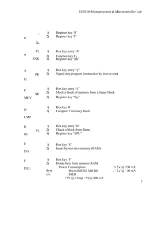 I 
8 
G0 
PL 
9 
SNG 
A 
PH 
F3 
C 
SH 
MOV 
D 
CMP 
B 
SL 
BC 
E 
INS 
F 
DEL 
EE0310-Microprocessor & Microcontroller Lab 
1) Register key ‘S’ 
2) Register key ‘I’ 
1) Hex key entry ‘A’ 
2) Function key F3 
3) Register key “ph” 
1) Hex key entry “y” 
2) Signal step program (instruction by instruction) 
1) Hex key entry “c” 
2) Much a block of memory from a linear block 
3) Register key “SH” 
1) Hex key D 
2) Compare 2 memory block 
1) Hex key entry ‘B’ 
2) Check a block from flame 
3) Register key “SPL” 
1) Hex key ‘E’ 
2) Insert by test into memory (RAM) 
1) Hex key ‘F’ 
2) Delete byte from memory RAM 
Power Consumption 
Syst 
em 
Micro BSEB2 MICRO 
SSEB 
+5V @ 1Amp +5V@ 800 mA 
+12V @ 200 mA 
- 12V @ 100 mA 
7 
 