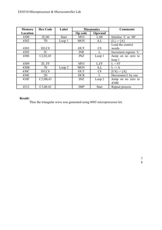 EE0310-Microprocessor & Microcontroller Lab 
Memory Hex Code Label Mnemonics Comments 
Location Op code Operand 
4300 2E,00 Start MVI L,00 Intialise ‘L’ as ‘00’ 
4302 7D Loop 1 MOV A,L [L] -> [A] 
Load the control 
4303 D3,C8 OUT C8 
words 
4305 2C INR L Increment register ‘L’ 
4306 C2,02,43 JNZ Loop 1 Jump on no zero to 
loop 1 
4309 2E, FF MVI L,FF L = FF 
430B 70 Loop 2 MOV A,L L -> A 
430C D3,C8 OUT C8 [C8] -> [A] 
430E 2D DCR L Decrement L by one 
430F C2,0B,43 JNZ Loop 2 Jump on no zero to 
430B 
4312 C3,00.43 JMP Start Repeat process 
Result: 
Thus the triangular wave was generated using 8085 microprocessor kit. 
78 
 