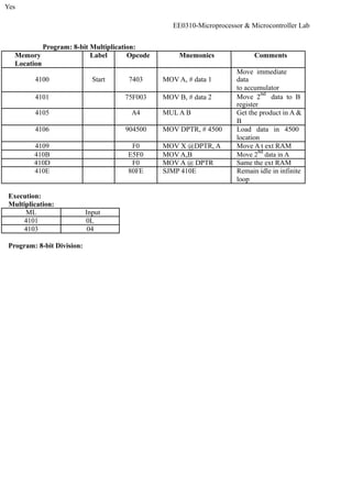 Yes 
EE0310-Microprocessor & Microcontroller Lab 
Program: 8-bit Multiplication: 
Memory Label Opcode Mnemonics Comments 
Location 
4100 Start 7403 MOV A, # data 1 
Move immediate 
data 
to accumulator 
4101 75F003 MOV B, # data 2 Move 2nd data to B 
register 
4105 A4 MUL A B Get the product in A & 
B 
4106 904500 MOV DPTR, # 4500 Load data in 4500 
location 
4109 F0 MOV X @DPTR, A Move A t ext RAM 
410B E5F0 MOV A,B Move 2nd data in A 
410D F0 MOV A @ DPTR Same the ext RAM 
410E 80FE SJMP 410E Remain idle in infinite 
loop 
Execution: 
Multiplication: 
ML Input 
4101 0L 
4103 04 
Program: 8-bit Division: 
 