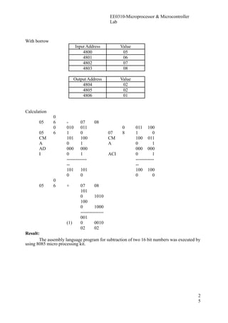 EE0310-Microprocessor & Microcontroller 
Lab 
With borrow 
Input Address Value 
4800 05 
4801 06 
4802 07 
4803 08 
Output Address Value 
4804 02 
4805 02 
4806 01 
Calculation 
05 
06 
- 07 08 
05 
06 
010 
1 
011 
0 07 
08 
011 
1 
100 
0 
CM 
A 
101 
0 
100 
1 
CM 
A 
100 
0 
011 
1 
AD 
I 
000 
0 
000 
1 ACI 
000 
0 
000 
1 
------------- 
-- 
------------ 
-- 
101 
0 
101 
0 
100 
0 
100 
0 
05 
06 
+ 07 08 
101 
0 1010 
100 
0 1000 
--------------- 
(1) 
001 
0 0010 
02 02 
Result: 
The assembly language program for subtraction of two 16 bit numbers was executed by 
using 8085 micro processing kit. 
25 
 