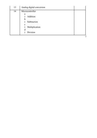 13 Analog digital conversion 
14 Microcontroller 
a) 
Addition 
b) 
Subtraction 
c) 
Multiplication 
d) 
Division 
2 
 