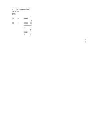 = 17 (in Hexa decimal) 
(0F + 8 = 
233) 
0F = 0000 
11 
11 
08 = 0000 
10 
00 
------------ 
--- 
0001 
01 
11 
1 7 
41 
 