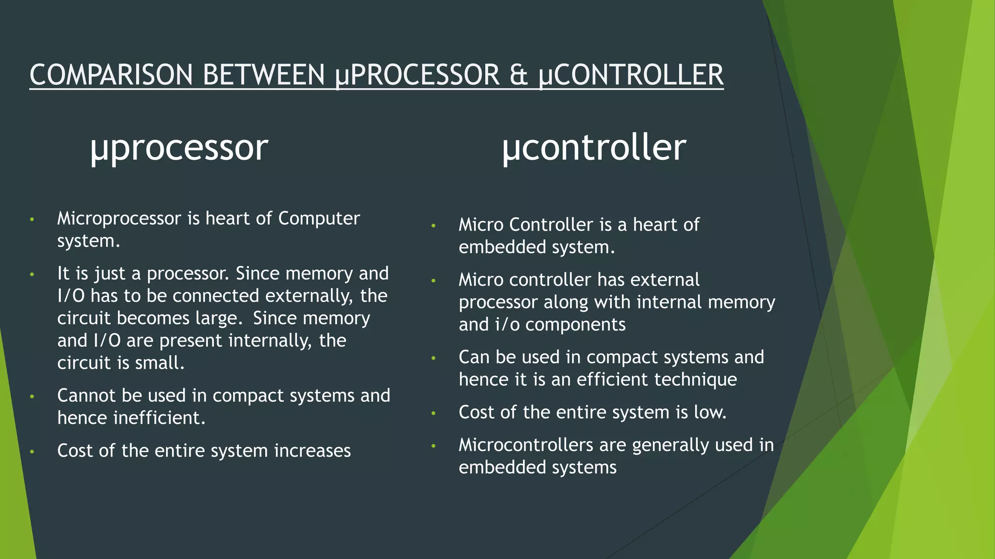 µprocessor µcontroller
COMPARISON BETWEEN µPROCESSOR & µCONTROLLER
• Microprocessor is heart of Computer
system.
• It is just a processor. Since memory and
I/O has to be connected externally, the
circuit becomes large. Since memory
and I/O are present internally, the
circuit is small.
• Cannot be used in compact systems and
hence inefficient.
• Cost of the entire system increases
• Micro Controller is a heart of
embedded system.
• Micro controller has external
processor along with internal memory
and i/o components
• Can be used in compact systems and
hence it is an efficient technique
• Cost of the entire system is low.
• Microcontrollers are generally used in
embedded systems
 