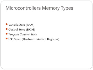 Microcontrollers Memory Types
Variable Area (RAM)
Control Store (ROM)
Program Counter Stack
I/O Space (Hardware interface Registers)

 