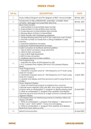 INDEX PAGE
MPMC 180420109009
SR No. DESCRIPTION DATE
1. Study of Block Diagram and Pin diagram of 8051 microcontroller 08 Feb. 2021
2. Introduction to KEIL μVISION4 IDE, assembler, compiler, linker,
simulator, debugger and assembler directives
08 Feb. 2021
3.
Block Data Transfer:
1. Internal RAM to Internal RAM data Transfer
2. External RAM to Internal RAM data Transfer
3. Code Memory to Internal RAM data transfer
4. Reverse Block of Data in internal RAM
5. Data Transfer with overlapping addresses
15 Feb. 2021
4.
1. Finding Washing Machine and TV Set code from a set of data
2. Find the number of vowels from a string available in code
memory.
3. Separate ODD/Even Numbers
4.Separate POSITIVE/NEGATIVE Numbers
08 Mar. 2021
5.
Code Conversion & Multibyte deminal addition
1. Hex to ASCII conversion using subroutine
2. ASCII to Hex comversion
3. Hex to BCD digit Separation
4. BCD to Hex conversion
5. Multibyte decimal number addition
22 Mar. 2021
6.
Port Programming
1. Indicate the status of S/W pressed on LED
2. If S1 is pressed then display 55H and if S2 is pressed Display
0AAH.
29 Mar. 2021
7.
Timer Programming
1. Generate a Square wave of 1 kHz frequency on P1.0 pin using
timer-0 in mode-1.
2. Generate a Square wave of 1 kHz frequency on P1.0 pin using
timer-0 in mode-2.
3. Update and display real time second on port-0 using timer-0 in
mode-1
5 April. 2021
8.
Seven Segment Display
1. Draw an Interfacing scheme to interface four common
cathode seven-segment LEDs with 8051 and using this interfacing
scheme write an embedded 'C' program to dipslay passing year.
2. Write an embedded 'C' program that updates and displays
real-time second and minute on 4-digit common cathode seven
segment display
26 April 2021
9.
LCD Display Draw an Interfacing scheme to interface 20x2 LCD
display with 8051.
1. Write an embedded 'c' program that displays "-- Welcome To--
"in line-1 and "--SCET, SURAT--" in line-2 of LCD display.
2. Write an embedded ‘c’ program that updates and displays
Real-Time Clock data on LCD.
26 April 2021
10. Serial Communication 26 April 2021
 