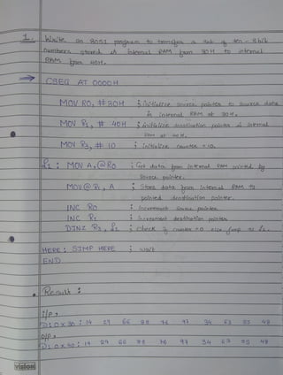 RHe An Bo51 pnaam to aanse o sel en 8bik
OunobeK gtoxeo inlenal_RAM 20 H to intemal
RAM
CSEG AT OC00H
MOV RO, F30H ninialfze 0urco poiote to SouneD dorta
ininteanal RAM ah 30 H
MOV R 0H iaithalize denstoahin painte iomal
RAM at 0 H
MOV R, 0 iniha lize CouoUL 10.
MOV A, Ko Get doto oum ioema RAM DOÍOed
b y
Sou&c poine
MOV @R A_ Store dota nm intem.al RAM o
poinHed denshinoton poioHe
INC Ro
INC R
DINZ Ra, Chec Cauole 0elgeump h
focreroeaot Souepointe
desbinohon paioHek
HERE STMP HERE
END
Result
le
D:OX 30 29 66 88 6 34 63 55 48
olp - 2 G 8 16 34 63 s5 48
D: ox40 14
visioN
 