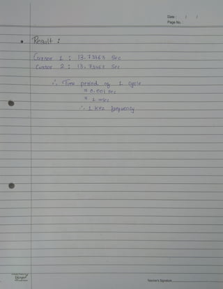 Date
PageNo.
Kesult 2
LuasoxL 13.13363 Sec
Cunsor 2 13.13463 Sec
Clime pemoc LCuoLe
O. O| Sec
LmSe c
1KHz eguen.Cu
AQualityProductby
gen
Your LuckyBrand Teacher's Signature.
 