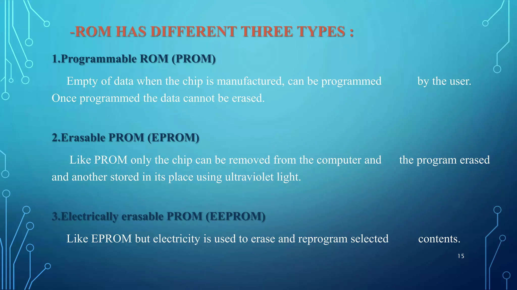 -ROM HAS DIFFERENT THREE TYPES :
1.Programmable ROM (PROM)
Empty of data when the chip is manufactured, can be programmed by the user.
Once programmed the data cannot be erased.
2.Erasable PROM (EPROM)
Like PROM only the chip can be removed from the computer and the program erased
and another stored in its place using ultraviolet light.
3.Electrically erasable PROM (EEPROM)
Like EPROM but electricity is used to erase and reprogram selected contents.
15
 