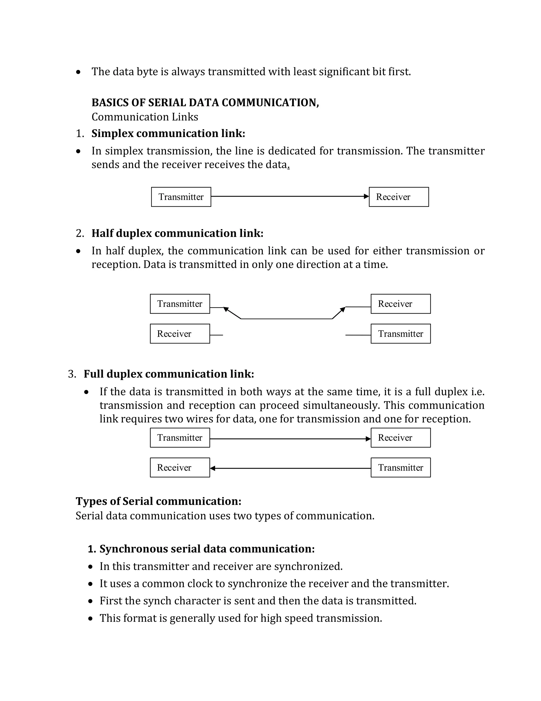  The data byte is always transmitted with least significant bit first.
BASICS OF SERIAL DATA COMMUNICATION,
Communication Links
1. Simplex communication link:
 In simplex transmission, the line is dedicated for transmission. The transmitter
sends and the receiver receives the data.
2. Half duplex communication link:
 In half duplex, the communication link can be used for either transmission or
reception. Data is transmitted in only one direction at a time.
3. Full duplex communication link:
 If the data is transmitted in both ways at the same time, it is a full duplex i.e.
transmission and reception can proceed simultaneously. This communication
link requires two wires for data, one for transmission and one for reception.
Types of Serial communication:
Serial data communication uses two types of communication.
1. Synchronous serial data communication:
 In this transmitter and receiver are synchronized.
 It uses a common clock to synchronize the receiver and the transmitter.
 First the synch character is sent and then the data is transmitted.
 This format is generally used for high speed transmission.
Transmitter Receiver
Transmitter
Receiver
Receiver
Transmitter
Receiver
Transmitter
Transmitter
Receiver
 