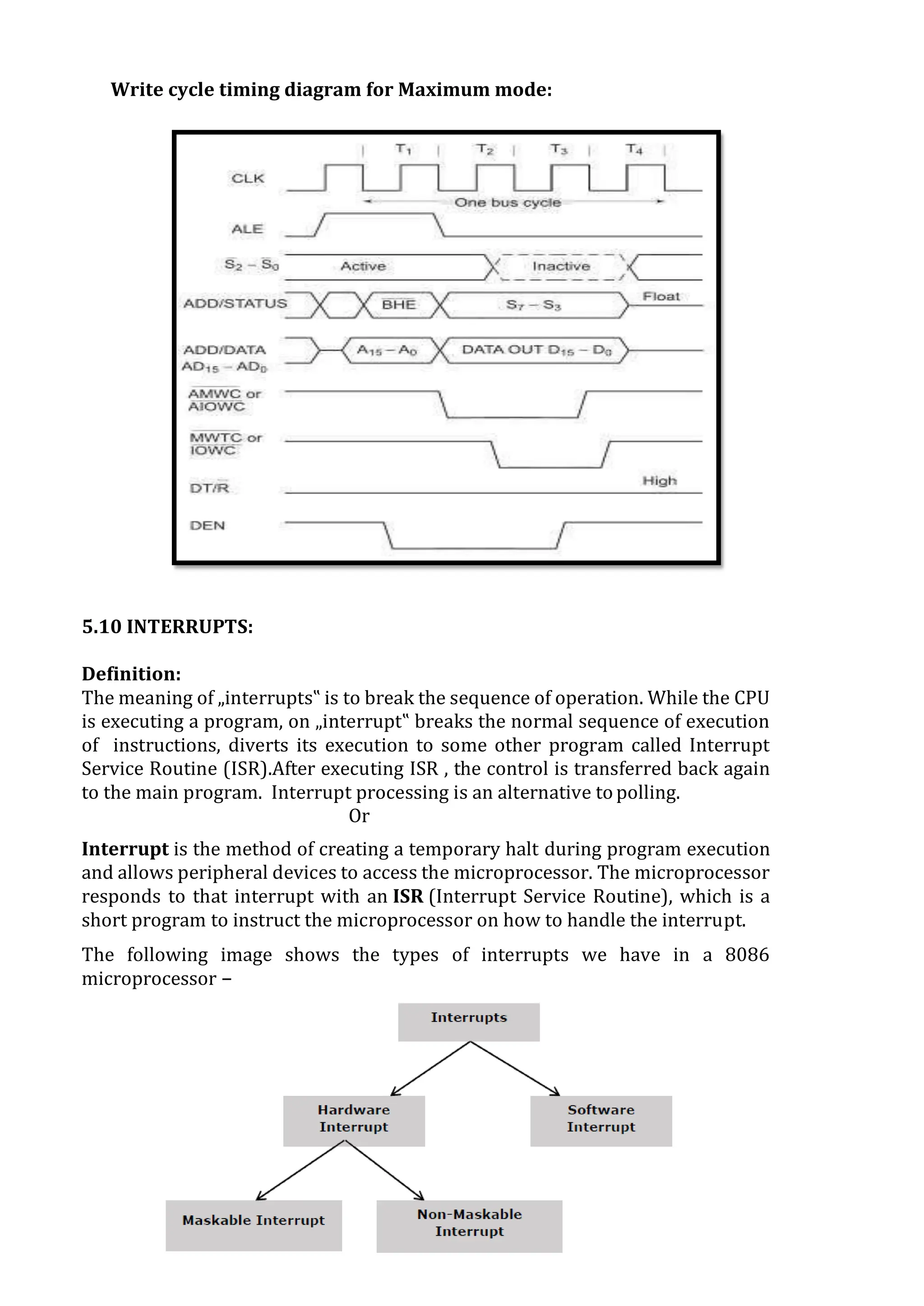 Write cycle timing diagram for Maximum mode:
5.10 INTERRUPTS:
Definition:
The meaning of „interrupts‟ is to break the sequence of operation. While the CPU
is executing a program, on „interrupt‟ breaks the normal sequence of execution
of instructions, diverts its execution to some other program called Interrupt
Service Routine (ISR).After executing ISR , the control is transferred back again
to the main program. Interrupt processing is an alternative to polling.
Or
Interrupt is the method of creating a temporary halt during program execution
and allows peripheral devices to access the microprocessor. The microprocessor
responds to that interrupt with an ISR (Interrupt Service Routine), which is a
short program to instruct the microprocessor on how to handle the interrupt.
The following image shows the types of interrupts we have in a 8086
microprocessor −
 