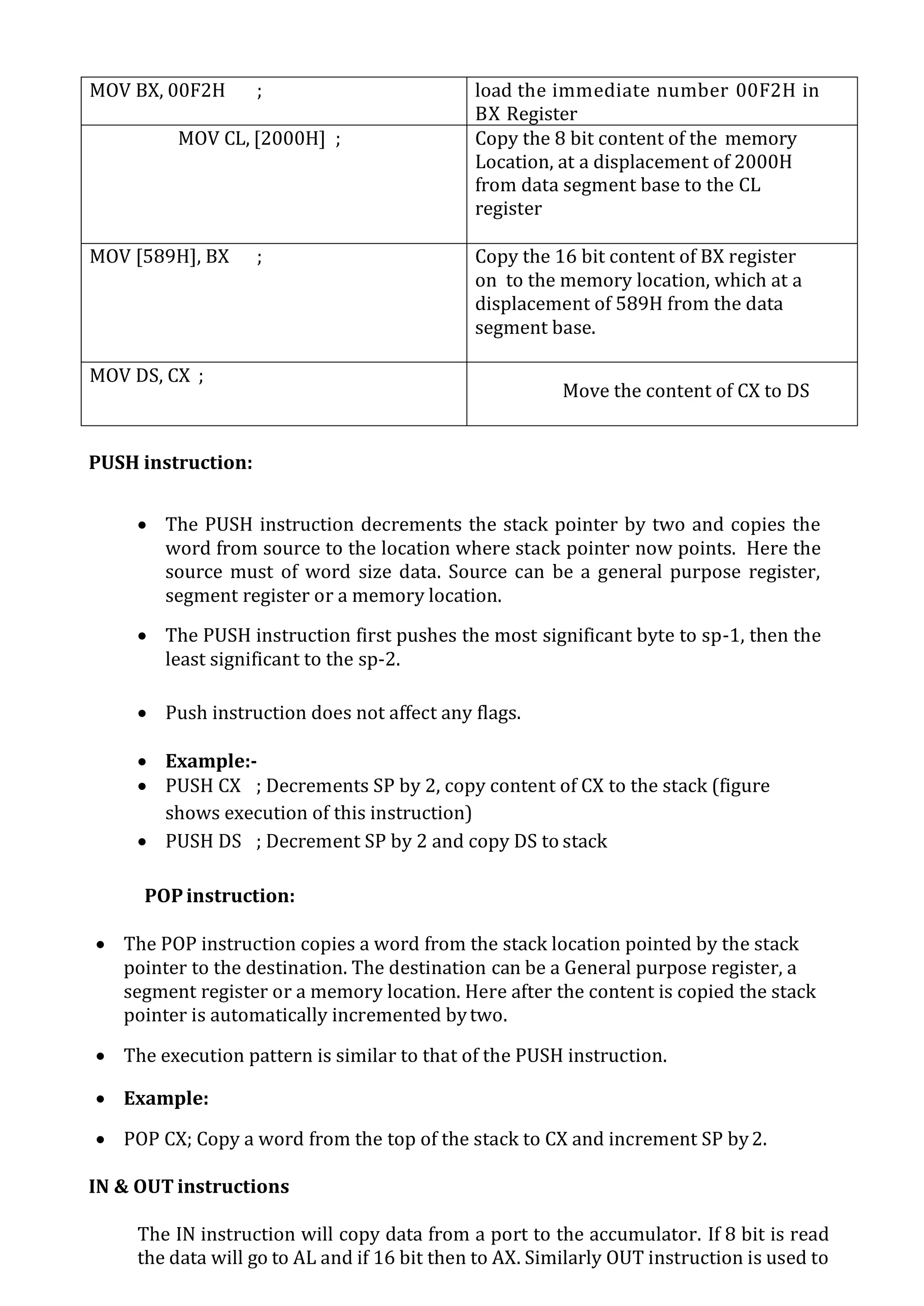 MOV BX, 00F2H ; load the immediate number 00F2H in
BX Register
MOV CL, [2000H] ; Copy the 8 bit content of the memory
Location, at a displacement of 2000H
from data segment base to the CL
register
MOV [589H], BX ; Copy the 16 bit content of BX register
on to the memory location, which at a
displacement of 589H from the data
segment base.
MOV DS, CX ;
Move the content of CX to DS
PUSH instruction:
 The PUSH instruction decrements the stack pointer by two and copies the
word from source to the location where stack pointer now points. Here the
source must of word size data. Source can be a general purpose register,
segment register or a memory location.
 The PUSH instruction first pushes the most significant byte to sp-1, then the
least significant to the sp-2.
 Push instruction does not affect any flags.
 Example:-
 PUSH CX ; Decrements SP by 2, copy content of CX to the stack (figure
shows execution of this instruction)
 PUSH DS ; Decrement SP by 2 and copy DS to stack
POPinstruction:
 The POP instruction copies a word from the stack location pointed by the stack
pointer to the destination. The destination can be a General purpose register, a
segment register or a memory location. Here after the content is copied the stack
pointer is automatically incremented bytwo.
 The execution pattern is similar to that of the PUSH instruction.
 Example:
 POP CX; Copy a word from the top of the stack to CX and increment SP by2.
IN & OUT instructions
The IN instruction will copy data from a port to the accumulator. If 8 bit is read
the data will go to AL and if 16 bit then to AX. Similarly OUT instruction is used to
 