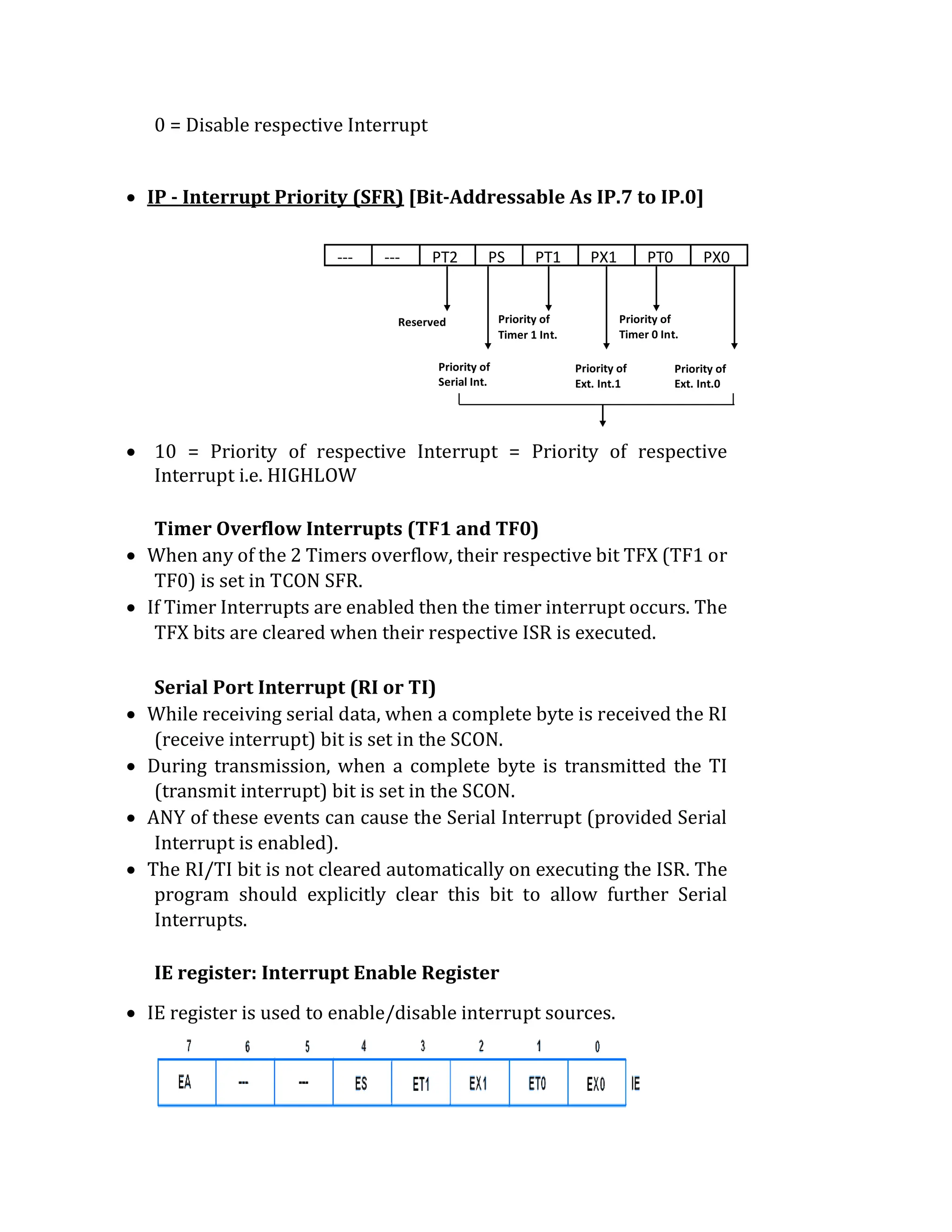 0 = Disable respective Interrupt
 IP - Interrupt Priority (SFR) [Bit-Addressable As IP.7 to IP.0]
 10 = Priority of respective Interrupt = Priority of respective
Interrupt i.e. HIGHLOW
Timer Overflow Interrupts (TF1 and TF0)
 When any of the 2 Timers overflow, their respective bit TFX (TF1 or
TF0) is set in TCON SFR.
 If Timer Interrupts are enabled then the timer interrupt occurs. The
TFX bits are cleared when their respective ISR is executed.
Serial Port Interrupt (RI or TI)
 While receiving serial data, when a complete byte is received the RI
(receive interrupt) bit is set in the SCON.
 During transmission, when a complete byte is transmitted the TI
(transmit interrupt) bit is set in the SCON.
 ANY of these events can cause the Serial Interrupt (provided Serial
Interrupt is enabled).
 The RI/TI bit is not cleared automatically on executing the ISR. The
program should explicitly clear this bit to allow further Serial
Interrupts.
IE register: Interrupt Enable Register
 IE register is used to enable/disable interrupt sources.
--- --- PT2 PS PT1 PX1 PT0 PX0
Priority of
Timer 1 Int.
Priority of
Ext. Int.0
Priority of
Timer 0 Int.
Priority of
Serial Int.
Reserved
Priority of
Ext. Int.1
 