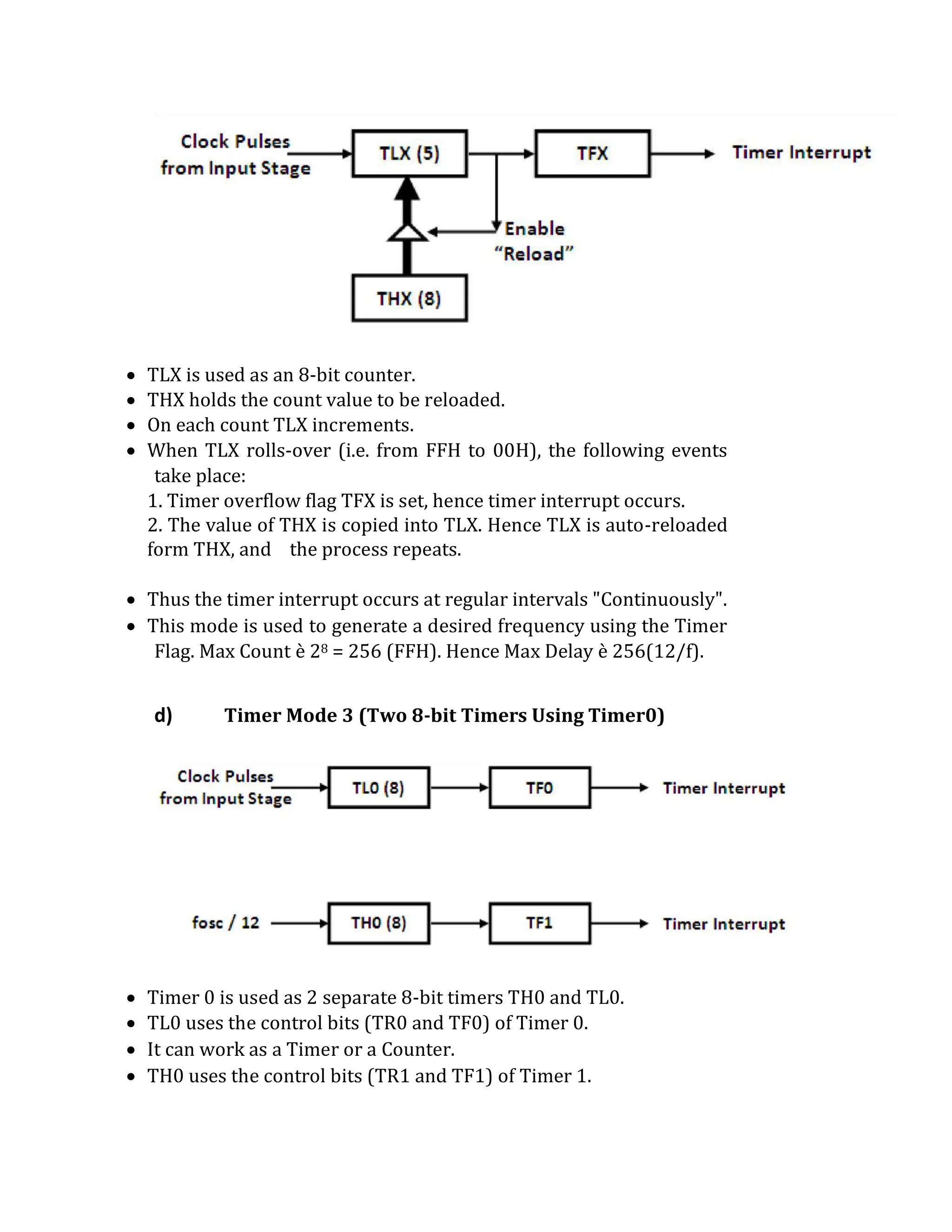  TLX is used as an 8-bit counter.
 THX holds the count value to be reloaded.
 On each count TLX increments.
 When TLX rolls-over (i.e. from FFH to 00H), the following events
take place:
1. Timer overflow flag TFX is set, hence timer interrupt occurs.
2. The value of THX is copied into TLX. Hence TLX is auto-reloaded
form THX, and the process repeats.
 Thus the timer interrupt occurs at regular intervals "Continuously".
 This mode is used to generate a desired frequency using the Timer
Flag. Max Count è 28 = 256 (FFH). Hence Max Delay è 256(12/f).
d) Timer Mode 3 (Two 8-bit Timers Using Timer0)
 Timer 0 is used as 2 separate 8-bit timers TH0 and TL0.
 TL0 uses the control bits (TR0 and TF0) of Timer 0.
 It can work as a Timer or a Counter.
 TH0 uses the control bits (TR1 and TF1) of Timer 1.
 