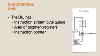 Bus Interface
Unit
• TheBIU has
• Instruction stream bytequeue
• Aset of segmentregisters
• Instruction pointer
 