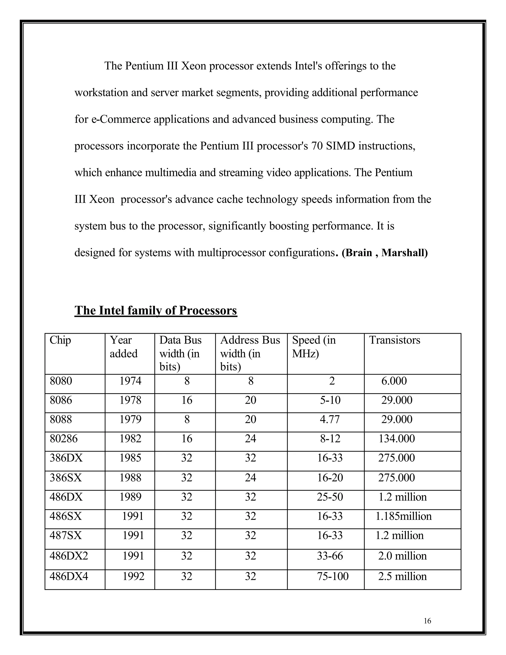 The Pentium III Xeon processor extends Intel's offerings to the

       workstation and server market segments, providing additional performance

       for e-Commerce applications and advanced business computing. The

       processors incorporate the Pentium III processor's 70 SIMD instructions,

       which enhance multimedia and streaming video applications. The Pentium

       III Xeon processor's advance cache technology speeds information from the

       system bus to the processor, significantly boosting performance. It is

       designed for systems with multiprocessor configurations. (Brain , Marshall)



       The Intel family of Processors

Chip          Year       Data Bus     Address Bus     Speed (in        Transistors
              added      width (in    width (in       MHz)
                         bits)        bits)
8080            1974           8            8                 2           6.000
8086            1978          16            20              5-10          29.000
8088            1979           8            20              4.77          29.000
80286           1982          16            24              8-12         134.000
386DX           1985          32            32              16-33        275.000
386SX           1988          32            24              16-20        275.000
486DX           1989          32            32              25-50        1.2 million
486SX            1991         32            32              16-33       1.185million
487SX            1991         32            32              16-33       1.2 million
486DX2           1991         32            32              33-66        2.0 million
486DX4           1992         32            32              75-100       2.5 million


                                                                                     16
 