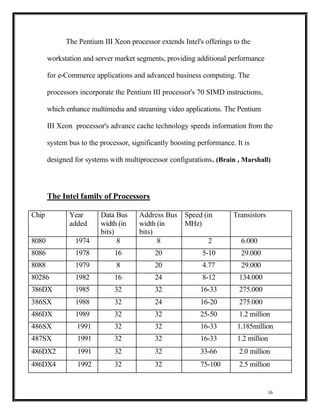 The Pentium III Xeon processor extends Intel's offerings to the

       workstation and server market segments, providing additional performance

       for e-Commerce applications and advanced business computing. The

       processors incorporate the Pentium III processor's 70 SIMD instructions,

       which enhance multimedia and streaming video applications. The Pentium

       III Xeon processor's advance cache technology speeds information from the

       system bus to the processor, significantly boosting performance. It is

       designed for systems with multiprocessor configurations. (Brain , Marshall)



       The Intel family of Processors

Chip          Year       Data Bus     Address Bus     Speed (in        Transistors
              added      width (in    width (in       MHz)
                         bits)        bits)
8080            1974           8            8                 2           6.000
8086            1978          16            20              5-10          29.000
8088            1979           8            20              4.77          29.000
80286           1982          16            24              8-12         134.000
386DX           1985          32            32              16-33        275.000
386SX           1988          32            24              16-20        275.000
486DX           1989          32            32              25-50        1.2 million
486SX            1991         32            32              16-33       1.185million
487SX            1991         32            32              16-33       1.2 million
486DX2           1991         32            32              33-66        2.0 million
486DX4           1992         32            32              75-100       2.5 million


                                                                                     16
 