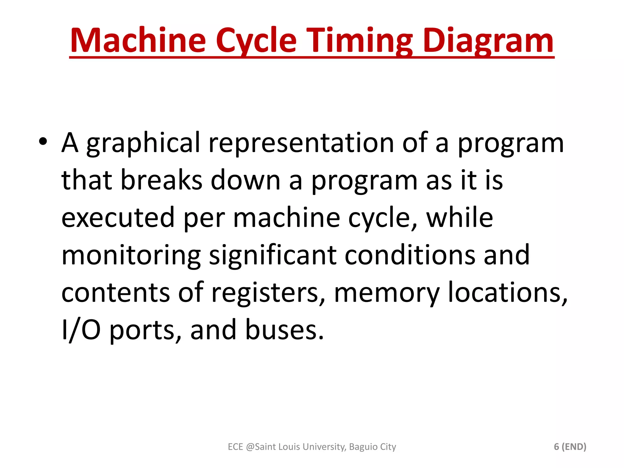 Machine Cycle Timing Diagram 
• A graphical representation of a program 
that breaks down a program as it is 
executed per machine cycle, while 
monitoring significant conditions and 
contents of registers, memory locations, 
I/O ports, and buses. 
ECE @Saint Louis University, Baguio City 6 (END) 
 