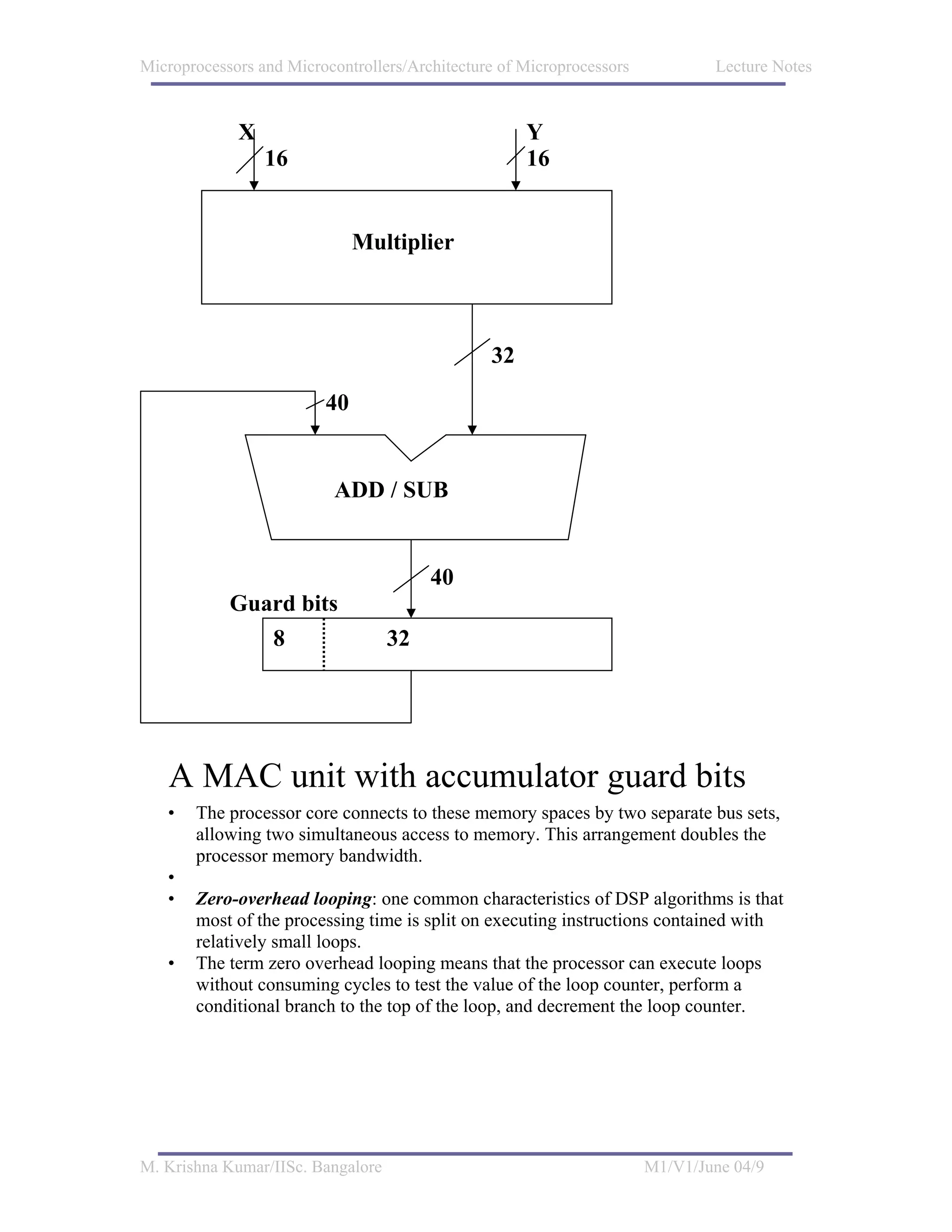 Microprocessors and Microcontrollers/Architecture of Microprocessors           Lecture Notes


             X                                       Y
                 16                                  16


                              Multiplier



                                                32

                         40


                           ADD / SUB


                                        40
            Guard bits
               8                   32




   A MAC unit with accumulator guard bits
   •   The processor core connects to these memory spaces by two separate bus sets,
       allowing two simultaneous access to memory. This arrangement doubles the
       processor memory bandwidth.
   •
   •   Zero-overhead looping: one common characteristics of DSP algorithms is that
       most of the processing time is split on executing instructions contained with
       relatively small loops.
   •   The term zero overhead looping means that the processor can execute loops
       without consuming cycles to test the value of the loop counter, perform a
       conditional branch to the top of the loop, and decrement the loop counter.




M. Krishna Kumar/IISc. Bangalore                                       M1/V1/June 04/9
 