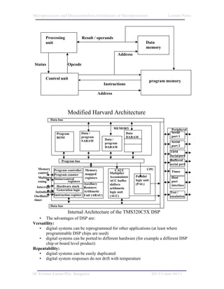 Microprocessors and Microcontrollers/Architecture of Microprocessors                          Lecture Notes




       Processing                   Result / operands
       unit                                                                    Data
                                                                               memory
                                                              Address

 Status                Opcode


       Control unit
                                                                                     program memory
                                                   Instructions

                                                 Address



                       Modified Harvard Architecture
           Data bus

                                                           MEMORY                               Peripheral
               Program           Data /                         Data                            Serial
               ROM               program                        DARAM                           port 1
                                 SARAM              Data /
                                                    program                                     Serial
                                                    DARAM                                       port 2
                                                                                               TDM
                                                                                               Serial port
                   Program bus                                                                 Buffered
                                                                                               serial port
   Memory Program controller         Memory               CALU                  CPU
   control                                            Multiplier                                Timer
                Program counter      mapped
   Multiproc Status/control          registers        Accumulator       Parallel                Host
   essing               registers                     ACC buffer        logic unit              port
                                     Auxiliary        shifters          (PAL)                   interface
  Interrupt      Hardware stack      Resisters        arithmetic
                 Generation logic    Arithmetic
 Initialisation                                       logic unit                               Test /
Oscillator/ Instruction register     Unit (ARAU)      (ALU)                                    emulation
timer
           Data bus
                       Internal Architecture of the TMS320C5X DSP
   • The advantages of DSP are:
Versatility:
   • digital systems can be reprogrammed for other applications (at least where
       programmable DSP chips are used)
   • digital systems can be ported to different hardware (for example a different DSP
       chip or board level product)
Repeatability:
   • digital systems can be easily duplicated
   • digital system responses do not drift with temperature


M. Krishna Kumar/IISc. Bangalore                                                      M1/V1/June 04/11
 