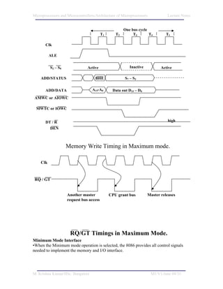 Microprocessors and Microcontrollers/Architecture of Microprocessors           Lecture Notes


                                                      One bus cycle
                                         T1      T2        T3       T4         T1

       Clk

          ALE


          S2 – S0               Active                   Inactive           Active

    ADD/STATUS                       BHE              S7 – S3


       ADD/DATA                    A15-A0      Data out D15 – D0
 AMWC or AIOWC

 MWTC or IOWC


       DT / R                                                                  high
          DEN



                    Memory Write Timing in Maximum mode.

    Clk



 RQ / GT


                    Another master            CPU grant bus         Master releases
                    request bus access




                      RQ/GT Timings in Maximum Mode.
Minimum Mode Interface
•When the Minimum mode operation is selected, the 8086 provides all control signals
needed to implement the memory and I/O interface.




M. Krishna Kumar/IISc. Bangalore                                       M1/V1/June 04/33
 
