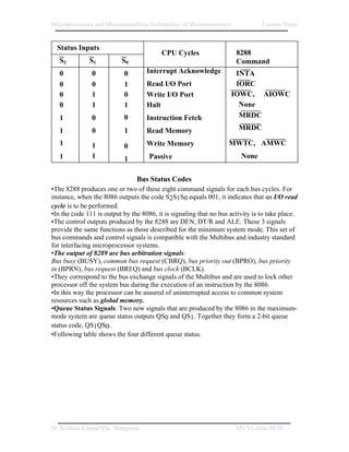 Microprocessors and Microcontrollers/Architecture of Microprocessors            Lecture Notes


  Status Inputs
                                          CPU Cycles                   8288
   S2         S1          S0                                           Command
   0           0           0        Interrupt Acknowledge               INTA
   0           0           1        Read I/O Port                       IORC
   0           1           0        Write I/O Port                     IOWC, AIOWC
   0           1           1        Halt                                 None
   1           0           0        Instruction Fetch                    MRDC

   1           0           1        Read Memory                         MRDC

   1           1           0        Write Memory                   MWTC, AMWC
   1           1           1         Passive                            None


                                Bus Status Codes
•The 8288 produces one or two of these eight command signals for each bus cycles. For
instance, when the 8086 outputs the code S2S1S0 equals 001, it indicates that an I/O read
cycle is to be performed.
•In the code 111 is output by the 8086, it is signaling that no bus activity is to take place.
•The control outputs produced by the 8288 are DEN, DT/R and ALE. These 3 signals
provide the same functions as those described for the minimum system mode. This set of
bus commands and control signals is compatible with the Multibus and industry standard
for interfacing microprocessor systems.
•The output of 8289 are bus arbitration signals:
Bus busy (BUSY), common bus request (CBRQ), bus priority out (BPRO), bus priority
in (BPRN), bus request (BREQ) and bus clock (BCLK).
•They correspond to the bus exchange signals of the Multibus and are used to lock other
processor off the system bus during the execution of an instruction by the 8086.
•In this way the processor can be assured of uninterrupted access to common system
resources such as global memory.
•Queue Status Signals: Two new signals that are produced by the 8086 in the maximum-
mode system are queue status outputs QS0 and QS1. Together they form a 2-bit queue
status code, QS1QS0.
•Following table shows the four different queue status.




M. Krishna Kumar/IISc. Bangalore                                       M1/V1/June 04/38
 