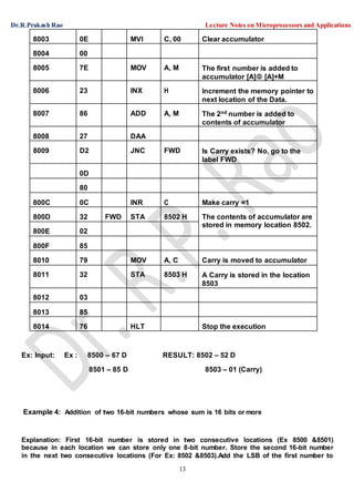 Dr.R.Prakash Rao Lecture Notes on Microprocessors and Applications
13
8003 0E MVI C, 00 Clear accumulator
8004 00
8005 7E MOV A, M The first number is added to
accumulator [A] [A]+M
8006 23 INX H Increment the memory pointer to
next location of the Data.
8007 86 ADD A, M The 2nd number is added to
contents of accumulator
8008 27 DAA
8009 D2 JNC FWD Is Carry exists? No, go to the
label FWD
0D
80
800C 0C INR C Make carry =1
800D 32 FWD STA 8502 H The contents of accumulator are
stored in memory location 8502.
800E 02
800F 85
8010 79 MOV A, C Carry is moved to accumulator
8011 32 STA 8503 H A Carry is stored in the location
8503
8012 03
8013 85
8014 76 HLT Stop the execution
Ex: Input: Ex : 8500 – 67 D RESULT: 8502 – 52 D
8501 – 85 D 8503 – 01 (Carry)
Example 4: Addition of two 16-bit numbers whose sum is 16 bits or more
Explanation: First 16-bit number is stored in two consecutive locations (Ex 8500 &8501)
because in each location we can store only one 8-bit number. Store the second 16-bit number
in the next two consecutive locations (For Ex: 8502 &8503).Add the LSB of the first number to
 