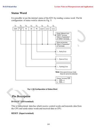 Dr.R.Prakash Rao Lecture Notes on Microprocessors and Applications
169
Status Word
It is possible to see the internal status of the 8251 by reading a status word. The bit
configuration of status word is shown in Fig. 5.
Pin Description
D 0 to D 7 (l/O terminal)
This is bidirectional data bus which receive control words and transmits data from
the CPU and sends status words and received data to CPU.
RESET (Input terminal)
 