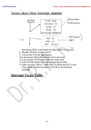 Dr.R.Prakash Rao Lecture Notes on Microprocessors and Applications
176
Action taken when Interrupts ocurres
7. It
decrements SP by 2 and pushes the flag register on the stack.
8. Disables INTR by clearing the IF.
9. It resets the TF in the flag Register.
10.It decrements SP by 2 and pushes CS on the stack.
11.It decrements SP by 2 and pushes IP on the stack.
12.Fetch the ISR address from the interrupt vector table.
13.After executing ISR (i.e., when IRET invoked) then IP, CS and
Flag register content is popped so SP will be decremented
gradually.
Interrupt Vector Table
 