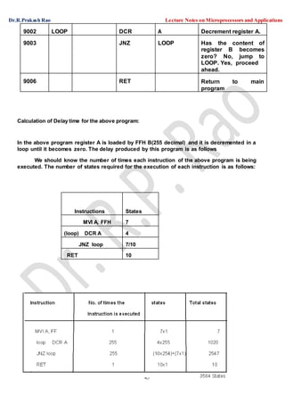 Dr.R.Prakash Rao Lecture Notes on Microprocessors and Applications
45
9002 LOOP DCR A Decrement register A.
9003 JNZ LOOP Has the content of
register B becomes
zero? No, jump to
LOOP. Yes, proceed
ahead.
9006 RET Return to main
program
Calculation of Delay time for the above program:
In the above program register A is loaded by FFH B(255 decimal) and it is decremented in a
loop until it becomes zero. The delay produced by this program is as follows
We should know the number of times each instruction of the above program is being
executed. The number of states required for the execution of each instruction is as follows:
Instructions States
MVI A, FFH 7
(loop) DCR A 4
JNZ loop 7/10
RET 10
 