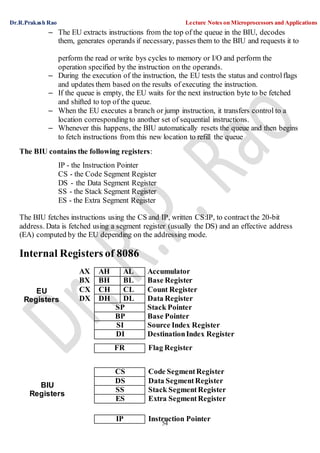 Dr.R.Prakash Rao Lecture Notes on Microprocessors and Applications
54
– The EU extracts instructions from the top of the queue in the BIU, decodes
them, generates operands if necessary, passes them to the BIU and requests it to
perform the read or write bys cycles to memory or I/O and perform the
operation specified by the instruction on the operands.
– During the execution of the instruction, the EU tests the status and controlflags
and updates them based on the results of executing the instruction.
– If the queue is empty, the EU waits for the next instruction byte to be fetched
and shifted to top of the queue.
– When the EU executes a branch or jump instruction, it transfers control to a
location corresponding to another set of sequential instructions.
– Whenever this happens, the BIU automatically resets the queue and then begins
to fetch instructions from this new location to refill the queue
The BIU contains the following registers:
IP - the Instruction Pointer
CS - the Code Segment Register
DS - the Data Segment Register
SS - the Stack Segment Register
ES - the Extra Segment Register
The BIU fetches instructions using the CS and IP, written CS:IP, to contract the 20-bit
address. Data is fetched using a segment register (usually the DS) and an effective address
(EA) computed by the EU depending on the addressing mode.
Internal Registers of 8086
EU
Registers
BIU
Registers
AX AH AL Accumulator
BX BH BL Base Register
CX CH CL Count Register
DX DH DL Data Register
SP Stack Pointer
BP Base Pointer
SI Source Index Register
DI DestinationIndex Register
FR Flag Register
CS Code SegmentRegister
DS Data SegmentRegister
SS Stack SegmentRegister
ES Extra SegmentRegister
IP Instruction Pointer
 