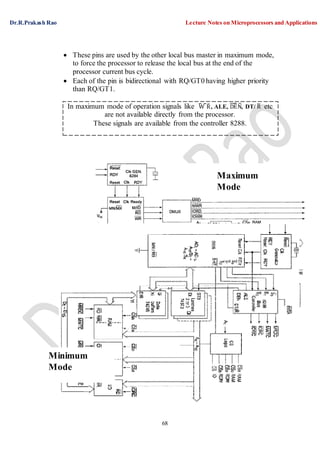 Dr.R.Prakash Rao Lecture Notes on Microprocessors and Applications
68
In maximum mode of operation signals like W¯ ¯R¯ , ALE, ¯D¯E¯N¯, DT/ R¯ etc
are not available directly from the processor.
These signals are available from the controller 8288.
Maximum
Mode
Minimum
Mode
 These pins are used by the other local bus master in maximum mode,
to force the processor to release the local bus at the end of the
processor current bus cycle.
 Each of the pin is bidirectional with RQ/GT0 having higher priority
than RQ/GT1.
 