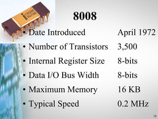 8008 Date Introduced  April 1972 Number of Transistors  3,500 Internal Register Size  8-bits Data I/O Bus Width 8-bits Maximum Memory 16 KB Typical Speed 0.2 MHz 