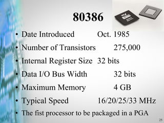 80386 Date Introduced  Oct. 1985 Number of Transistors  275,000 Internal Register Size  32 bits Data I/O Bus Width  32 bits Maximum Memory  4 GB Typical Speed  16/20/25/33 MHz The fist processor to be packaged in a PGA 
