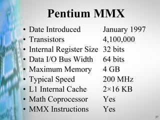 Pentium MMX Date Introduced  January 1997 Transistors  4,100,000 Internal Register Size  32 bits Data I/O Bus Width  64 bits Maximum Memory 4 GB Typical Speed  200 MHz L1 Internal Cache  2×16 KB Math Coprocessor  Yes MMX Instructions  Yes 