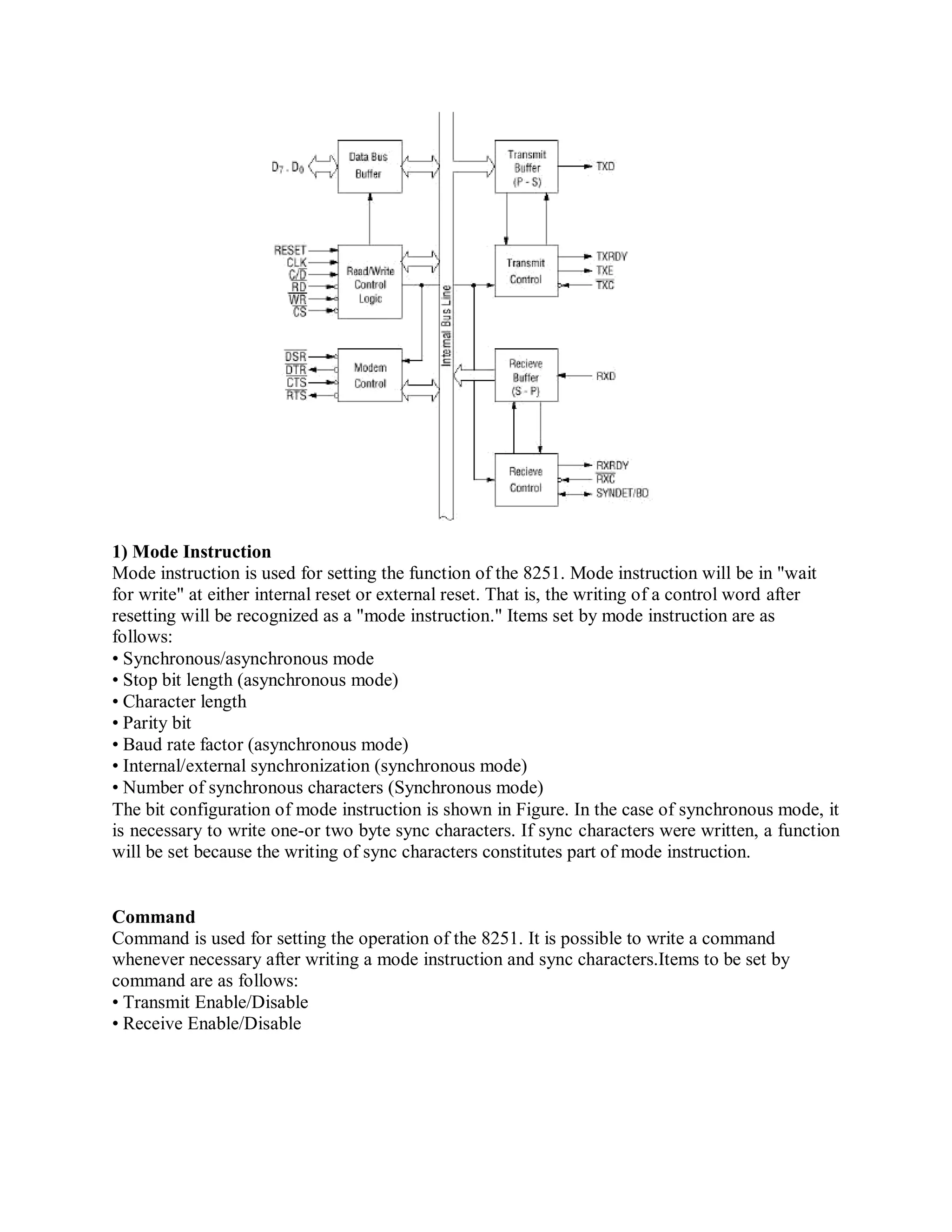 1) Mode Instruction
Mode instruction is used for setting the function of the 8251. Mode instruction will be in "wait
for write" at either internal reset or external reset. That is, the writing of a control word after
resetting will be recognized as a "mode instruction." Items set by mode instruction are as
follows:
• Synchronous/asynchronous mode
• Stop bit length (asynchronous mode)
• Character length
• Parity bit
• Baud rate factor (asynchronous mode)
• Internal/external synchronization (synchronous mode)
• Number of synchronous characters (Synchronous mode)
The bit configuration of mode instruction is shown in Figure. In the case of synchronous mode, it
is necessary to write one-or two byte sync characters. If sync characters were written, a function
will be set because the writing of sync characters constitutes part of mode instruction.
Command
Command is used for setting the operation of the 8251. It is possible to write a command
whenever necessary after writing a mode instruction and sync characters.Items to be set by
command are as follows:
• Transmit Enable/Disable
• Receive Enable/Disable
 