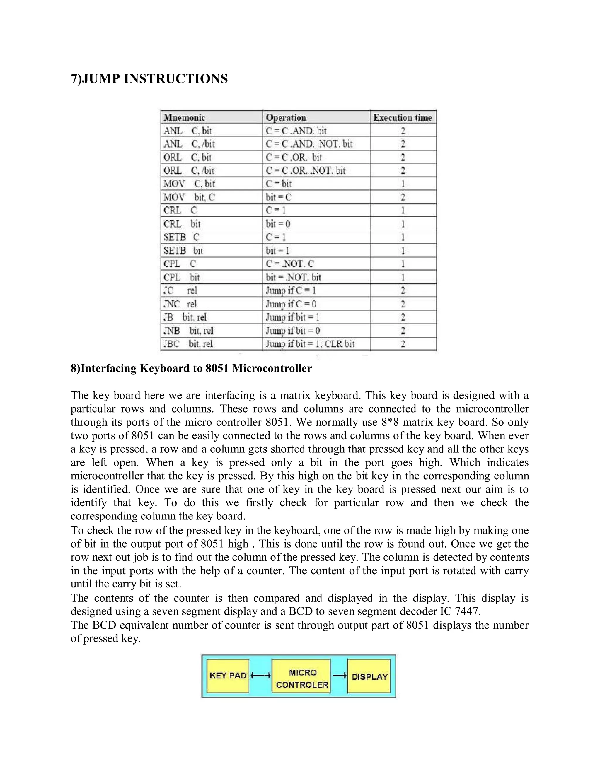 7)JUMP INSTRUCTIONS
8)Interfacing Keyboard to 8051 Microcontroller
The key board here we are interfacing is a matrix keyboard. This key board is designed with a
particular rows and columns. These rows and columns are connected to the microcontroller
through its ports of the micro controller 8051. We normally use 8*8 matrix key board. So only
two ports of 8051 can be easily connected to the rows and columns of the key board. When ever
a key is pressed, a row and a column gets shorted through that pressed key and all the other keys
are left open. When a key is pressed only a bit in the port goes high. Which indicates
microcontroller that the key is pressed. By this high on the bit key in the corresponding column
is identified. Once we are sure that one of key in the key board is pressed next our aim is to
identify that key. To do this we firstly check for particular row and then we check the
corresponding column the key board.
To check the row of the pressed key in the keyboard, one of the row is made high by making one
of bit in the output port of 8051 high . This is done until the row is found out. Once we get the
row next out job is to find out the column of the pressed key. The column is detected by contents
in the input ports with the help of a counter. The content of the input port is rotated with carry
until the carry bit is set.
The contents of the counter is then compared and displayed in the display. This display is
designed using a seven segment display and a BCD to seven segment decoder IC 7447.
The BCD equivalent number of counter is sent through output part of 8051 displays the number
of pressed key.
 