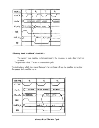 2.Memory Read Machine Cycle of 8085:
The memory read machine cycle is executed by the processor to read a data byte from
memory.
The processor takes 3T states to execute this cycle.
The instructions which have more than one byte word size will use the machine cycle after
the opcode fetch machine cycle.
Memory Read Machine Cycle
 
