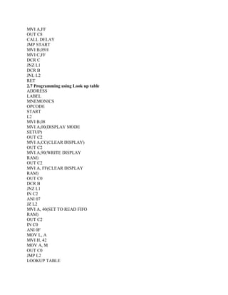 MVI A,FF
OUT C8
CALL DELAY
JMP START
MVI B,05H
MVI C,FF
DCR C
JNZ L1
DCR B
JNL L2
RET
2.7 Programming using Look up table
ADDRESS
LABEL
MNEMONICS
OPCODE
START
L2
MVI B,08
MVI A,00(DISPLAY MODE
SETUP)
OUT C2
MVI A,CC(CLEAR DISPLAY)
OUT C2
MVI A,90(WRITE DISPLAY
RAM)
OUT C2
MVI A, FF(CLEAR DISPLAY
RAM)
OUT C0
DCR B
JNZ L1
IN C2
ANI 07
JZ L2
MVI A, 40(SET TO READ FIFO
RAM)
OUT C2
IN C0
ANI 0F
MOV L, A
MVI H, 42
MOV A, M
OUT C0
JMP L2
LOOKUP TABLE
 