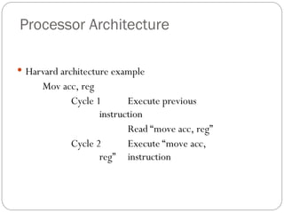 Processor Architecture
 Harvard architecture example
Mov acc, reg
Cycle 1 Execute previous
instruction
Read “move acc, reg”
Cycle 2 Execute “move acc,
reg” instruction
 