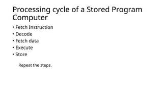 Processing cycle of a Stored Program
Computer
• Fetch Instruction
• Decode
• Fetch data
• Execute
• Store
Repeat the steps.
 