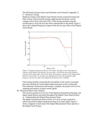 The full board circuitry layout and schematic can be found in Appendix A.
       C. Hardware Testing
       Hardware testing of the Digital Tuner Board consists of general testing and
       filter testing. General testing includes applying and measuring various
       voltages across the IC pins and LED’s. Filter testing includes using the
       oscilloscope to verify the low-pass filter implemented on the board. Figure 2
       shows the validated frequency response from the low pass filter of the Digital
       Tuner Board.




       Figure 2. Frequency Response of the Low Pass Filter. This figure shows the frequency
       response of the Digital Tuner Board’s low pass filter. The blue line shows the frequency
       response of the input signal. The red line shows the frequency response of the output signal
       from the low pass filter. As the filter cuts off frequencies below the designated cutoff
       frequency, the low pass filter of the Digital Tuner Board can be validated.

        Final testing includes connecting the microphone to the system via jumper
        pins and watching for sound signal output measured via the oscilloscope.
        Once hardware construction and testing is complete, the project moves on to
        sampling and analysis of guitar sound signals.
III. Theoretical Music Note Analysis
        This section contains an overview of the digital measurement technology and
        digital signal theories prevalent throughout the Digital Tuner Board Project.
        A. Understanding the Digital Measurement Chain
        The digital measurement chain consists of a series of steps required to
        effectively perform digital signal processing on an input signal. Figure 3
        shows a diagram of each step of the Digital Measurement Chain specific to
        the Digital Tuner Project.
 