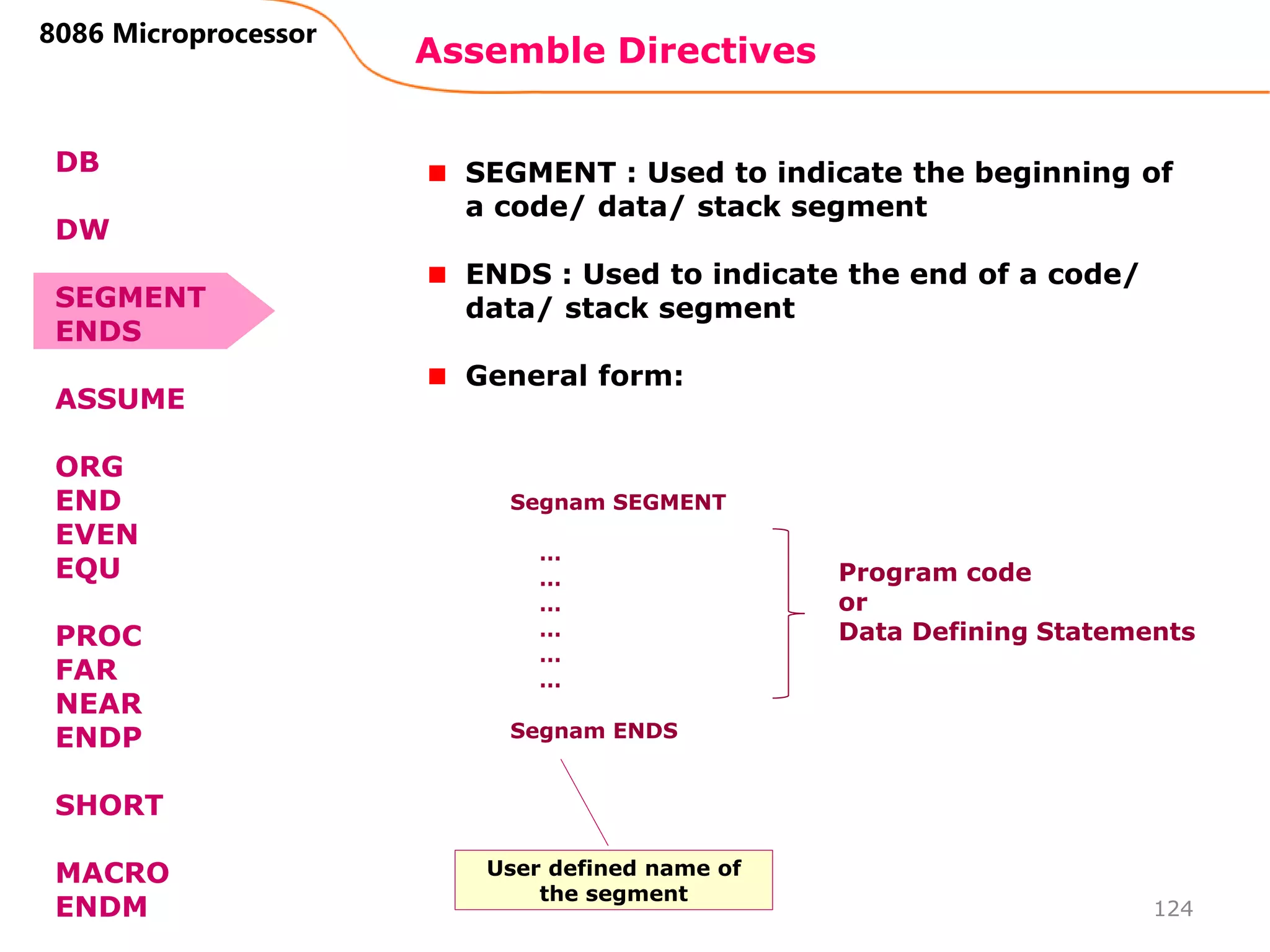 Assemble Directives
124
8086 Microprocessor
SEGMENT : Used to indicate the beginning of
a code/ data/ stack segment
ENDS : Used to indicate the end of a code/
data/ stack segment
General form:
Segnam SEGMENT
…
…
…
…
…
…
Segnam ENDS
Program code
or
Data Defining Statements
User defined name of
the segment
DB
DW
SEGMENT
ENDS
ASSUME
ORG
END
EVEN
EQU
PROC
FAR
NEAR
ENDP
SHORT
MACRO
ENDM
 