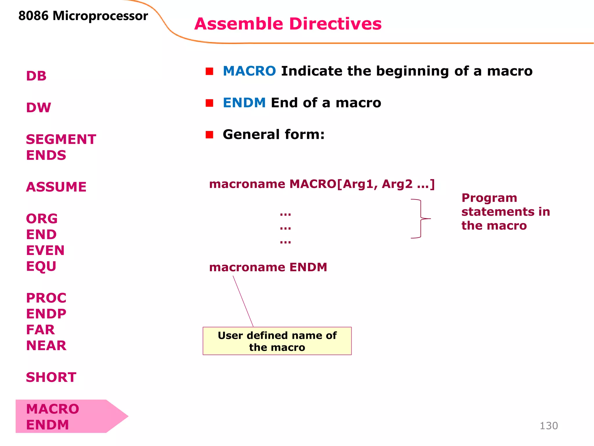 Assemble Directives
130
8086 Microprocessor
DB
DW
SEGMENT
ENDS
ASSUME
ORG
END
EVEN
EQU
PROC
ENDP
FAR
NEAR
SHORT
MACRO
ENDM
MACRO Indicate the beginning of a macro
ENDM End of a macro
General form:
macroname MACRO[Arg1, Arg2 ...]
…
…
…
macroname ENDM
Program
statements in
the macro
User defined name of
the macro
 