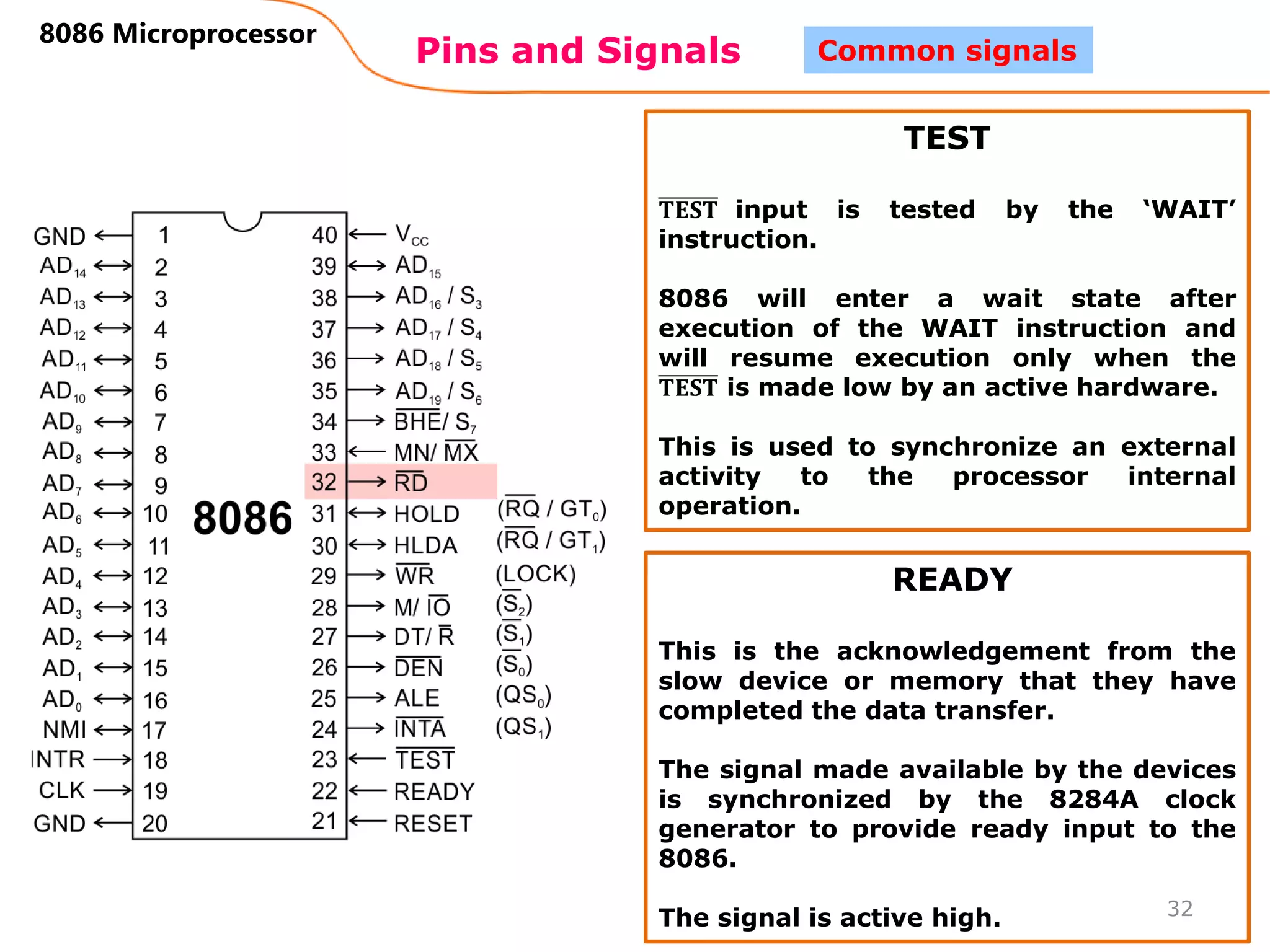 Pins and Signals
8086 Microprocessor
32
Common signals
TEST
𝐓𝐄𝐒𝐓 input is tested by the ‘WAIT’
instruction.
8086 will enter a wait state after
execution of the WAIT instruction and
will resume execution only when the
𝐓𝐄𝐒𝐓 is made low by an active hardware.
This is used to synchronize an external
activity to the processor internal
operation.
READY
This is the acknowledgement from the
slow device or memory that they have
completed the data transfer.
The signal made available by the devices
is synchronized by the 8284A clock
generator to provide ready input to the
8086.
The signal is active high.
 