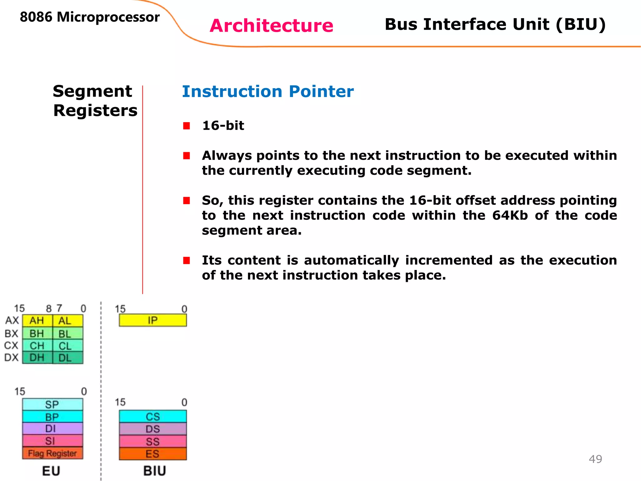 Architecture
8086 Microprocessor
49
Bus Interface Unit (BIU)
Segment
Registers
Instruction Pointer
16-bit
Always points to the next instruction to be executed within
the currently executing code segment.
So, this register contains the 16-bit offset address pointing
to the next instruction code within the 64Kb of the code
segment area.
Its content is automatically incremented as the execution
of the next instruction takes place.
 