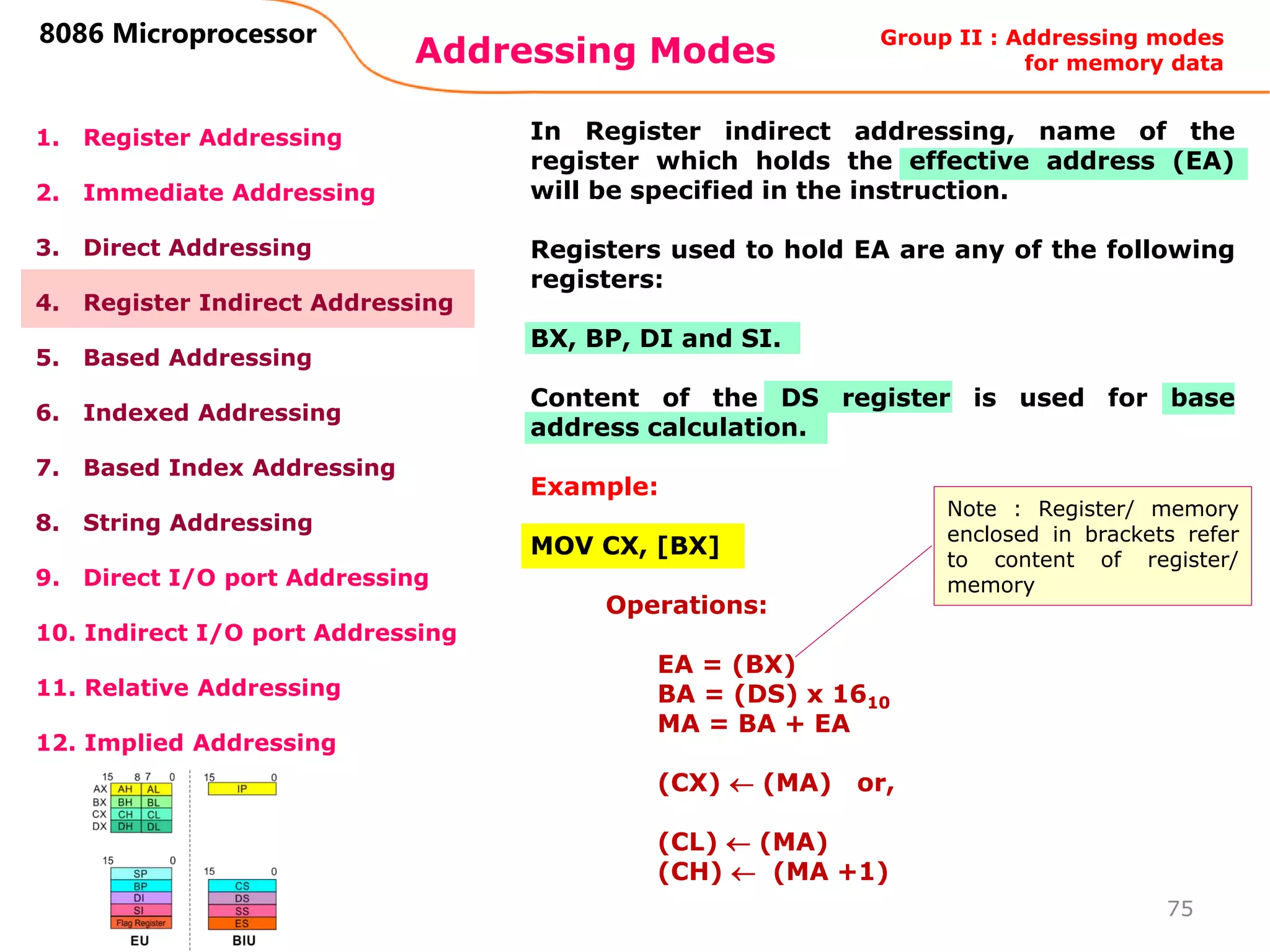 Addressing Modes
75
8086 Microprocessor
1. Register Addressing
2. Immediate Addressing
3. Direct Addressing
4. Register Indirect Addressing
5. Based Addressing
6. Indexed Addressing
7. Based Index Addressing
8. String Addressing
9. Direct I/O port Addressing
10. Indirect I/O port Addressing
11. Relative Addressing
12. Implied Addressing
In Register indirect addressing, name of the
register which holds the effective address (EA)
will be specified in the instruction.
Registers used to hold EA are any of the following
registers:
BX, BP, DI and SI.
Content of the DS register is used for base
address calculation.
Example:
MOV CX, [BX]
Operations:
EA = (BX)
BA = (DS) x 1610
MA = BA + EA
(CX)  (MA) or,
(CL)  (MA)
(CH)  (MA +1)
Group II : Addressing modes
for memory data
Note : Register/ memory
enclosed in brackets refer
to content of register/
memory
 