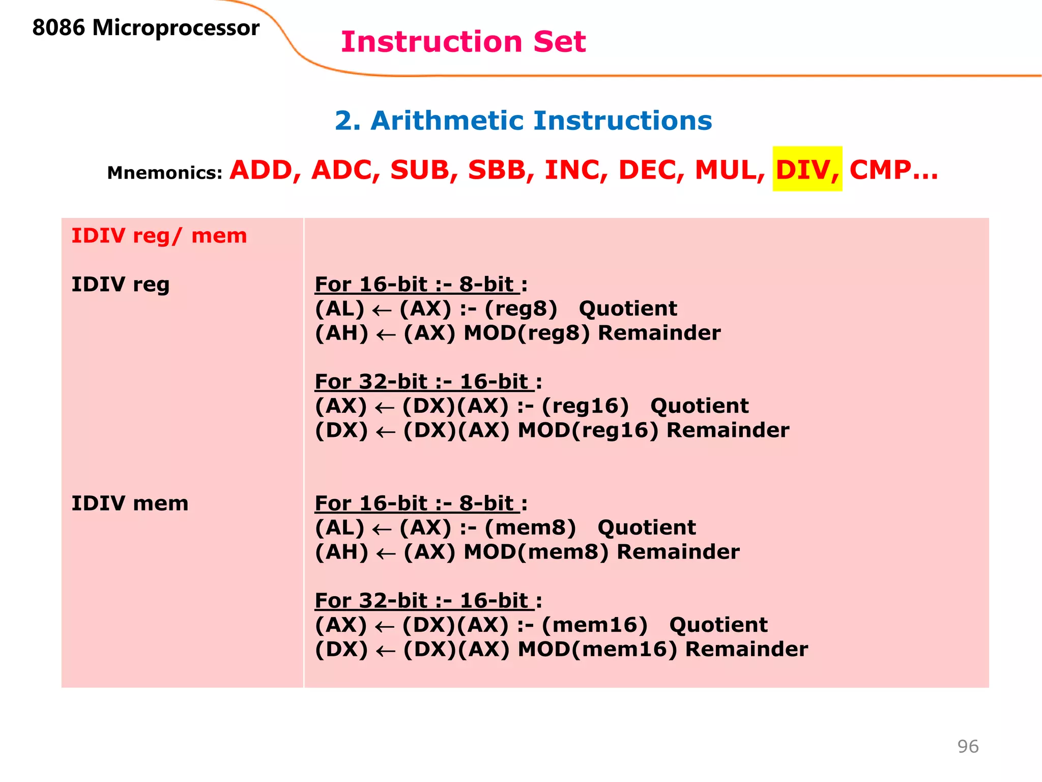 2. Arithmetic Instructions
Instruction Set
96
8086 Microprocessor
Mnemonics: ADD, ADC, SUB, SBB, INC, DEC, MUL, DIV, CMP…
IDIV reg/ mem
IDIV reg
IDIV mem
For 16-bit :- 8-bit :
(AL)  (AX) :- (reg8) Quotient
(AH)  (AX) MOD(reg8) Remainder
For 32-bit :- 16-bit :
(AX)  (DX)(AX) :- (reg16) Quotient
(DX)  (DX)(AX) MOD(reg16) Remainder
For 16-bit :- 8-bit :
(AL)  (AX) :- (mem8) Quotient
(AH)  (AX) MOD(mem8) Remainder
For 32-bit :- 16-bit :
(AX)  (DX)(AX) :- (mem16) Quotient
(DX)  (DX)(AX) MOD(mem16) Remainder
 