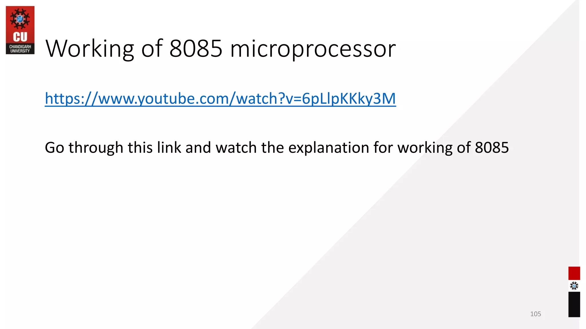 Working of 8085 microprocessor
https://www.youtube.com/watch?v=6pLlpKKky3M
Go through this link and watch the explanation for working of 8085
105
 